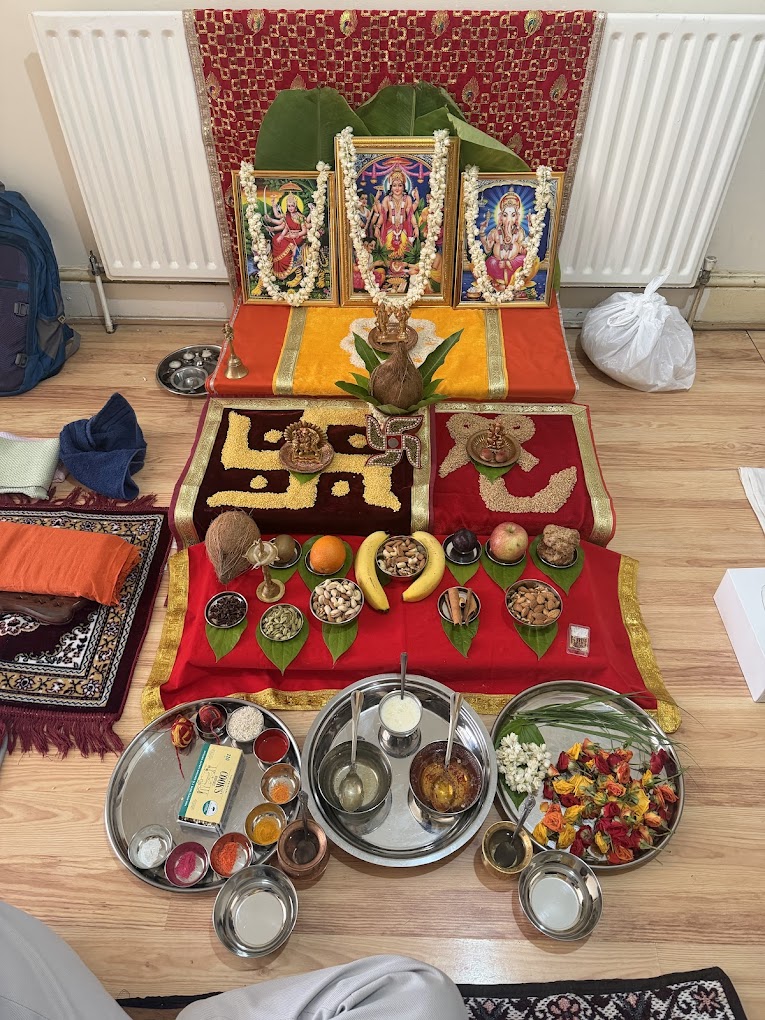Traditional Hindu puja arrangement